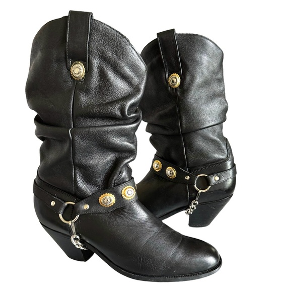 Dingo Olivia Harness Round Toe Black Leather Cowgirl Western Heeled Boots Womens - Picture 1 of 16